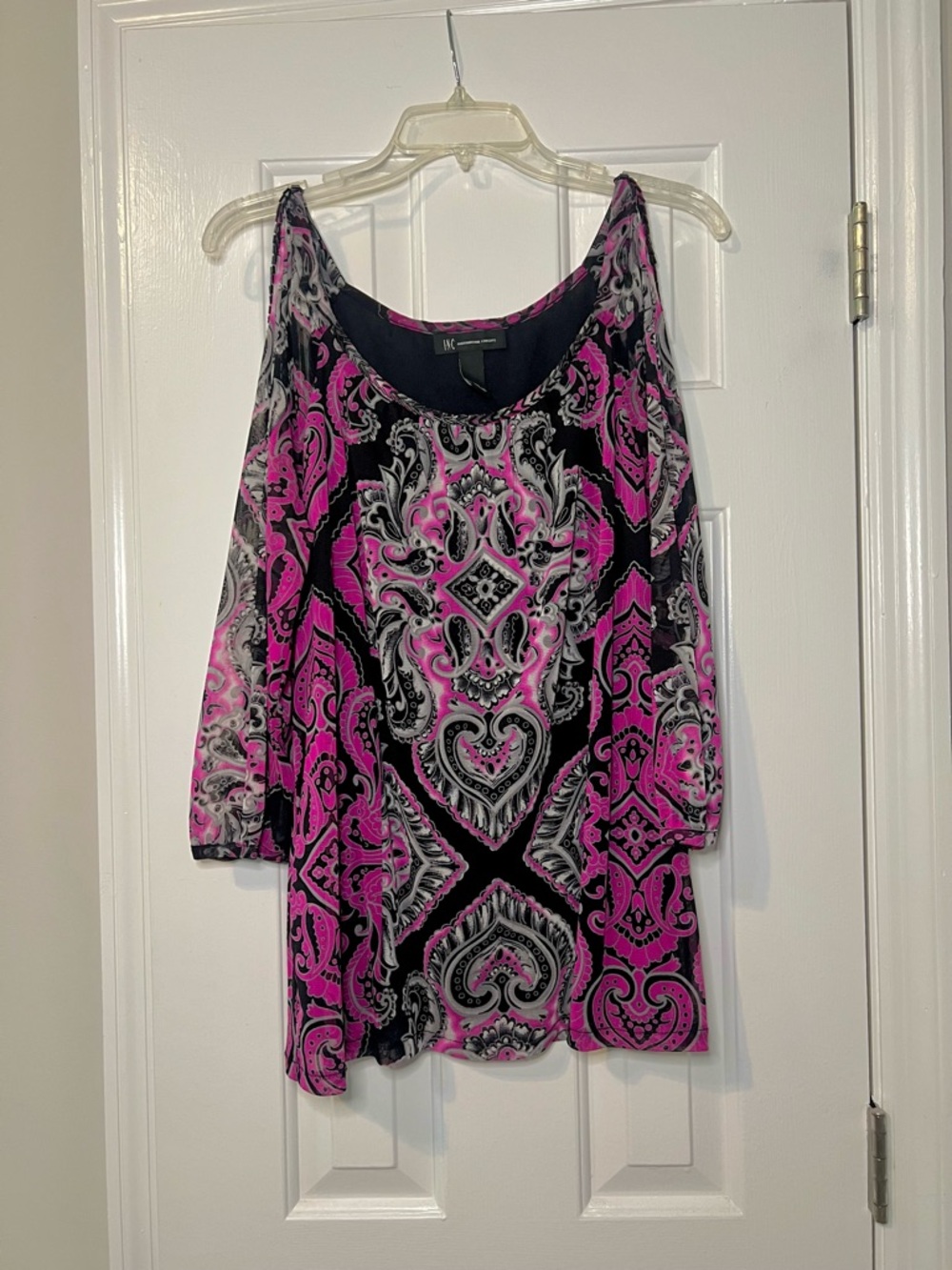 INC International Concepts Pink Black Paisley Cold-Shoulder Tunic with beading